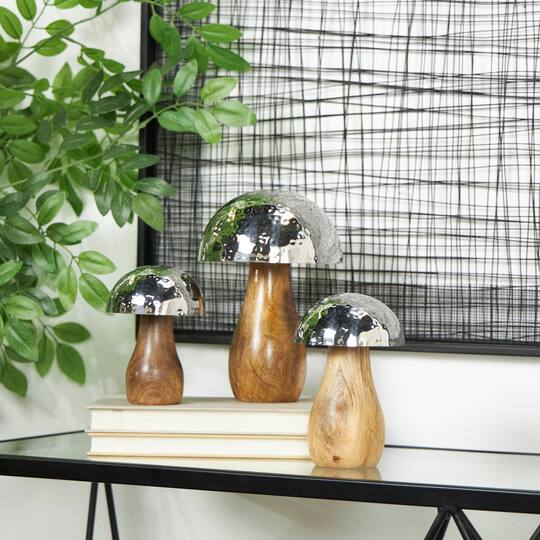 Stainless Steel & Wood Mushroom Hammered Sculpture Set
